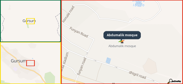 Map showing the address of Abdumalik mosque in three different zoom levels.