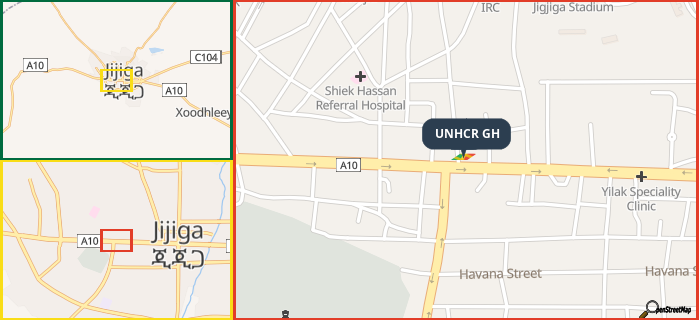 Map showing the address of UNHCR GH in three different zoom levels.