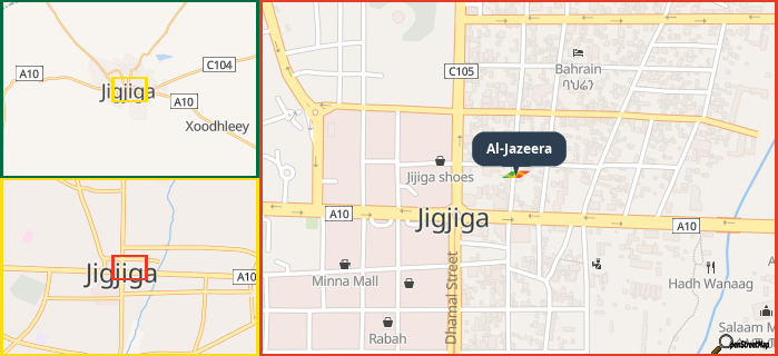 Map showing the address of Al-Jazeera in three different zoom levels.