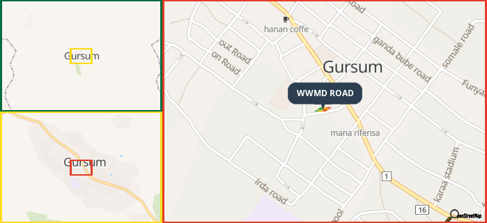 Map showing the address of WWMD ROAD in three different zoom levels.