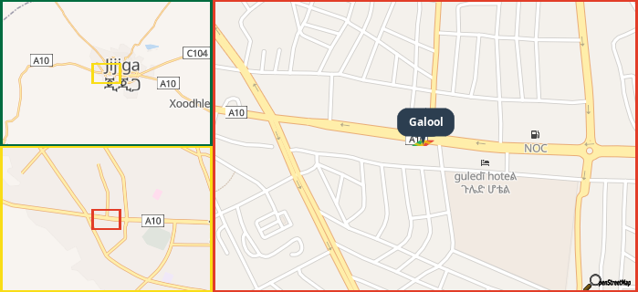 Map showing the address of Galool in three different zoom levels.