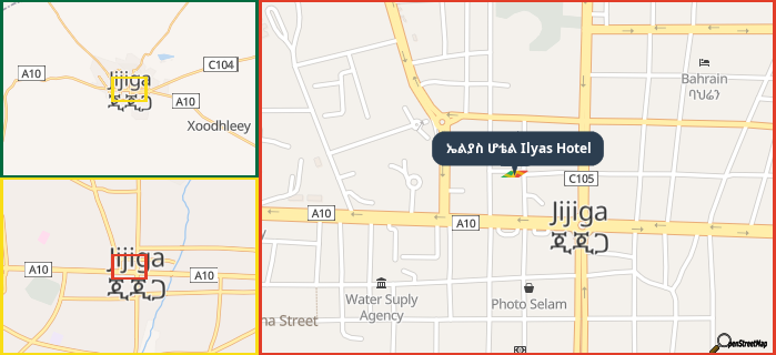Map showing the address of ኤልያስ ሆቴል Ilyas Hotel in three different zoom levels.