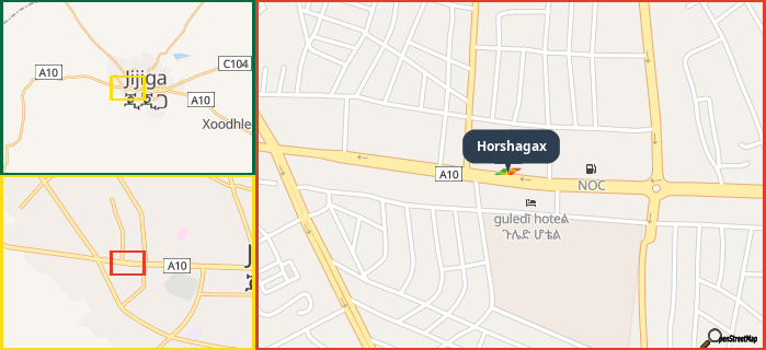 Map showing the address of Horshagax in three different zoom levels.