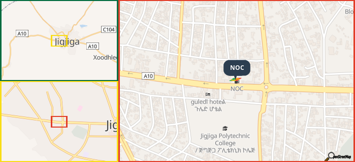 Map showing the address of NOC in three different zoom levels.