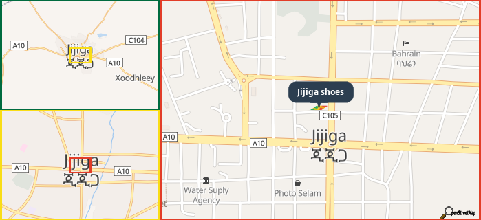 Map showing the address of Jijiga shoes in three different zoom levels.