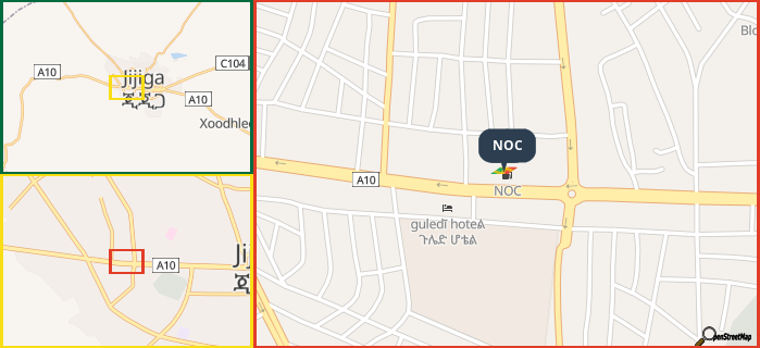 Map showing the address of NOC in three different zoom levels.