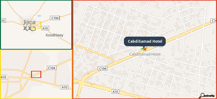 Map showing the address of CabdiSamad Hotel in three different zoom levels.