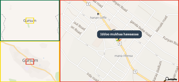 Map showing the address of Iddoo mukhaa hawaasaa in three different zoom levels.