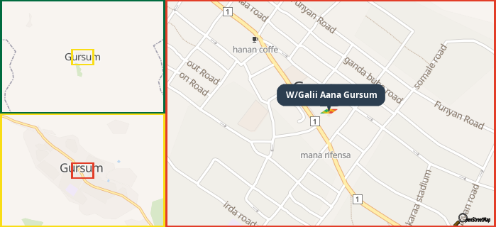 Map showing the address of W/Galii Aana Gursum in three different zoom levels.