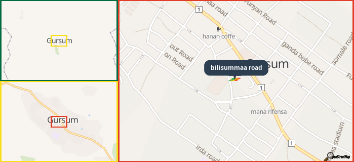 Map showing the address of bilisummaa road in three different zoom levels.