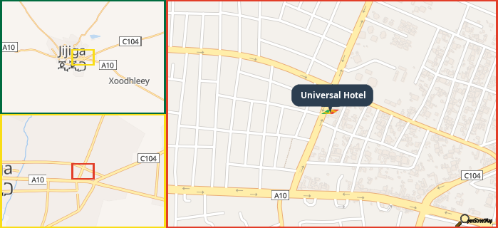 Map showing the address of Universal Hotel in three different zoom levels.