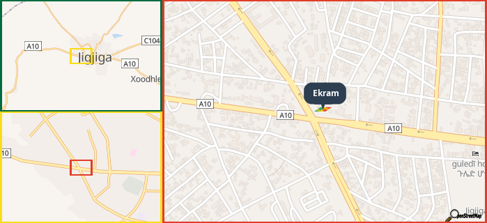 Map showing the address of Ekram in three different zoom levels.