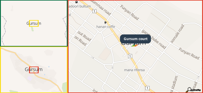 Map showing the address of Gursum court in three different zoom levels.