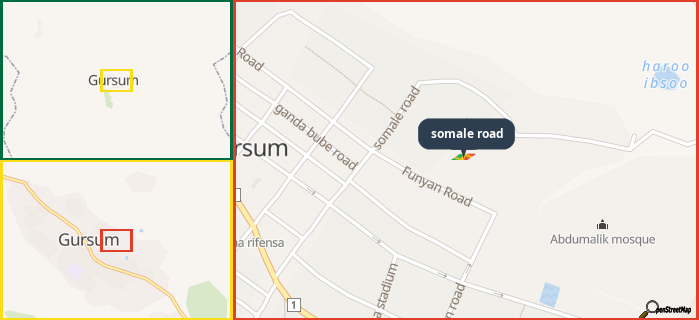 Map showing the address of somale road in three different zoom levels.