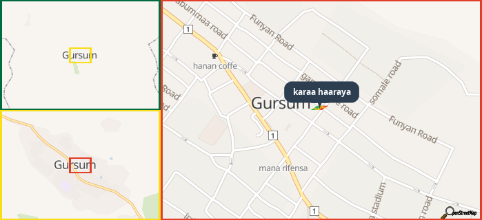 Map showing the address of karaa haaraya in three different zoom levels.