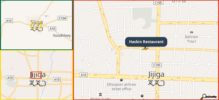 Map showing the address of Haskin Restaurant in three different zoom levels.