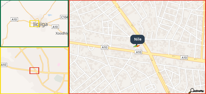 Map showing the address of Nile in three different zoom levels.
