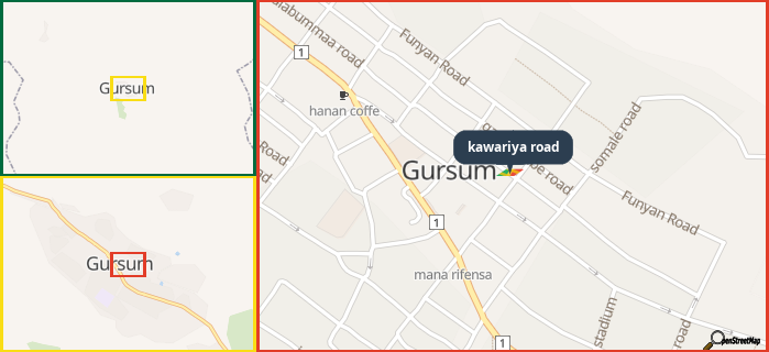 Map showing the address of kawariya road in three different zoom levels.