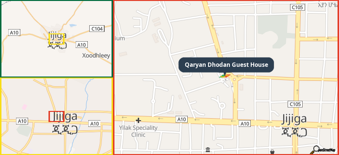 Map showing the address of Qaryan Dhodan Guest House in three different zoom levels.