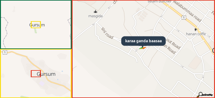 Map showing the address of karaa ganda baasaa in three different zoom levels.