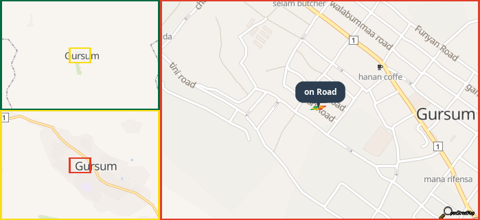 Map showing the address of on Road in three different zoom levels.