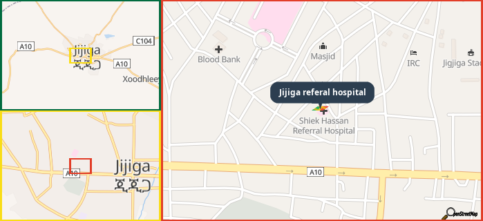 Map showing the address of Jijiga referal hospital in three different zoom levels.
