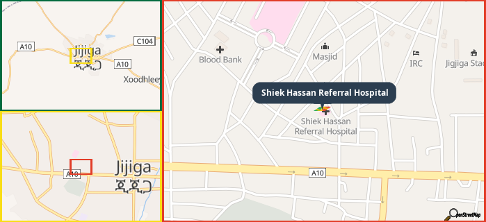 Map showing the address of Shiek Hassan Referral Hospital in three different zoom levels.
