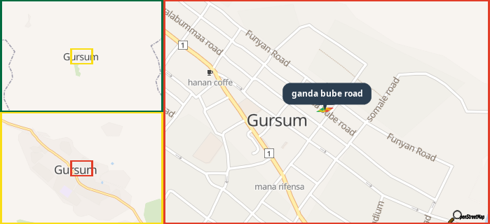 Map showing the address of ganda bube road in three different zoom levels.