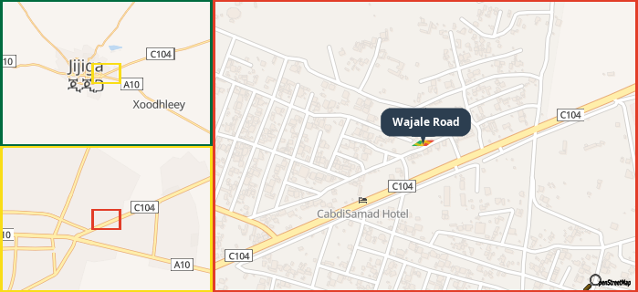 Map showing the address of Wajale Road in three different zoom levels.