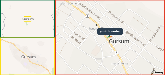 Map showing the address of youtuh center in three different zoom levels.