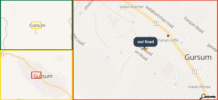 Map showing the address of out Road in three different zoom levels.