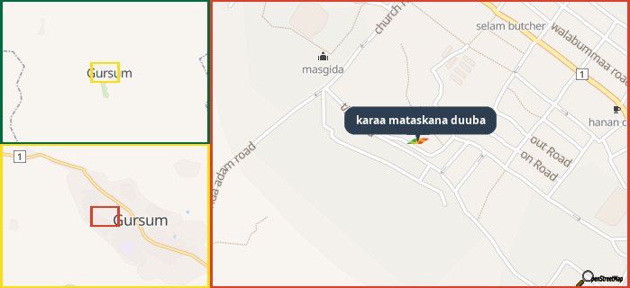 Map showing the address of karaa mataskana duuba in three different zoom levels.