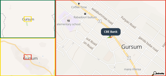 Map showing the address of CBE Bank in three different zoom levels.
