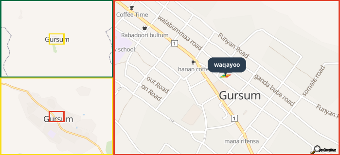 Map showing the address of waqayoo in three different zoom levels.