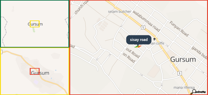 Map showing the address of sisay road in three different zoom levels.