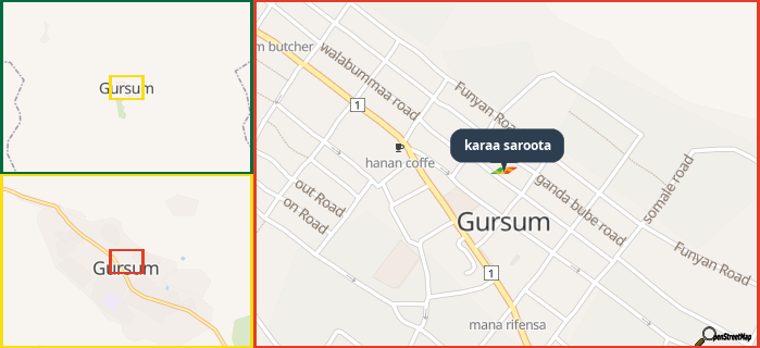 Map showing the address of karaa saroota in three different zoom levels.