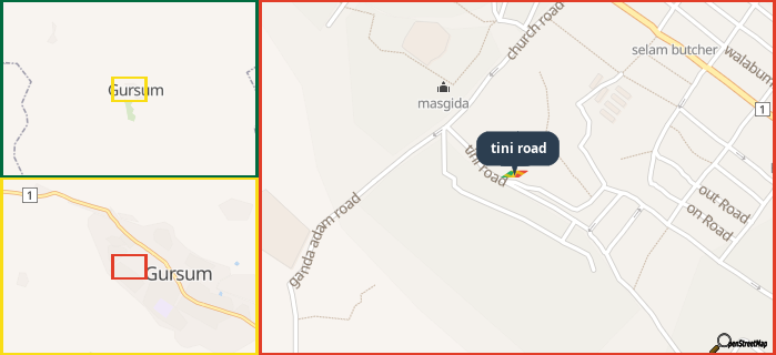 Map showing the address of tini road in three different zoom levels.