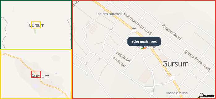 Map showing the address of adaraash road in three different zoom levels.