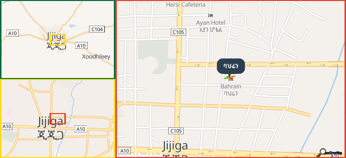 Map showing the address of ባህሬን in three different zoom levels.
