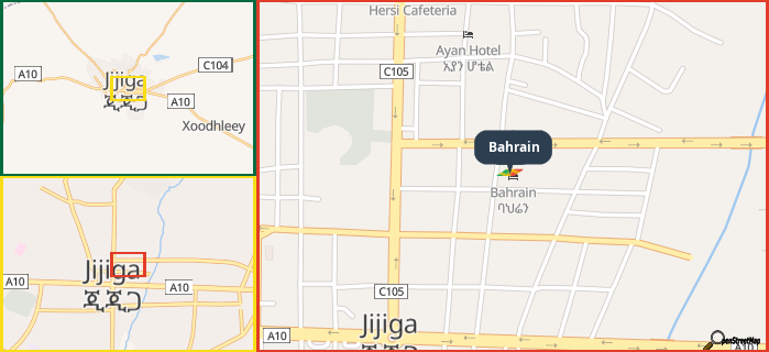 Map showing the address of Bahrain in three different zoom levels.