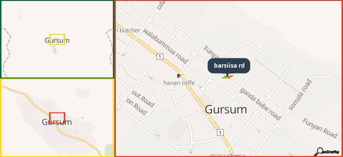 Map showing the address of barsiisa rd in three different zoom levels.