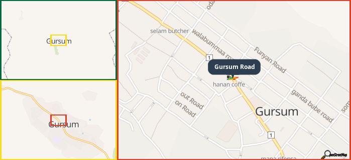 Map showing the address of Gursum Road in three different zoom levels.