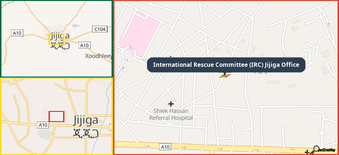 Map showing the address of International Rescue Committee (IRC) Jijiga Office in three different zoom levels.