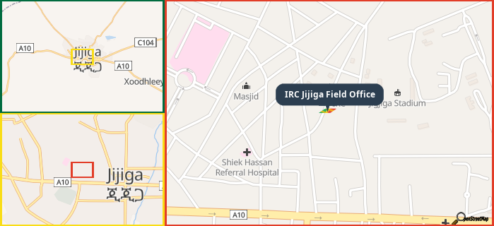 Map showing the address of IRC Jijiga Field Office in three different zoom levels.