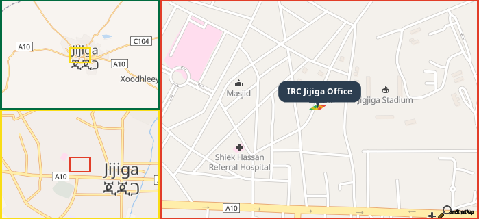 Map showing the address of IRC Jijiga Office in three different zoom levels.