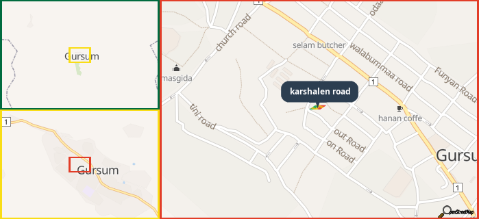 Map showing the address of karshalen road in three different zoom levels.