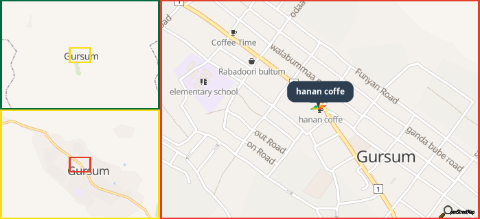 Map showing the address of hanan coffe in three different zoom levels.