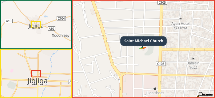 Map showing the address of Saint Michael Church in three different zoom levels.