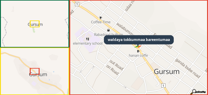 Map showing the address of waldaya tokkummaa bareentumaa in three different zoom levels.