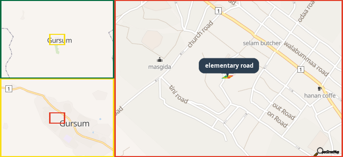 Map showing the address of elementary road in three different zoom levels.